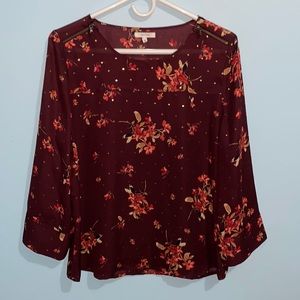 Sparkling Burgundy Blouse Floral Print Bell Sleeves MAURICE Size M with room